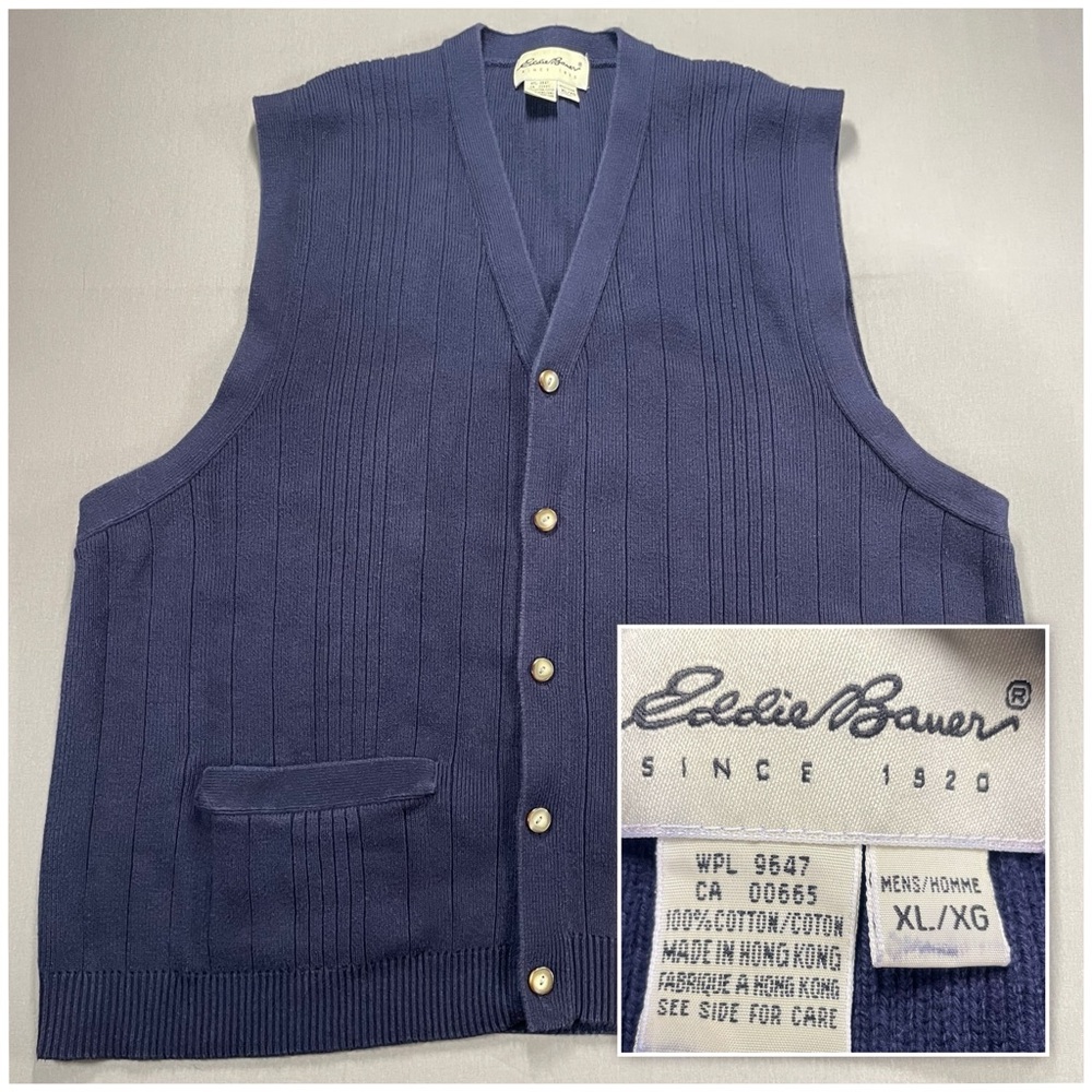 VINTAGE Eddie Bauer Cotton Knit V-Neck Button Up Sweater Vest - Mens XL - Navy